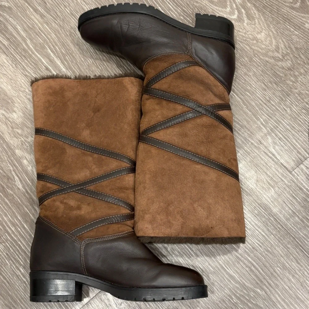 La Canadienne Brown Leather Suede Shearling Foldable Cuff Winter Boots 7 Cozy